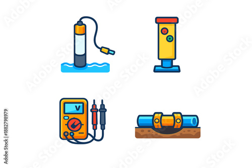 Set of four flat icons representing water and electrical services