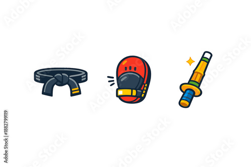 Martial Arts Icons with Belt, Headgear, and Sword