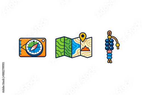 Camping and hiking icons: compass, map, and keychain