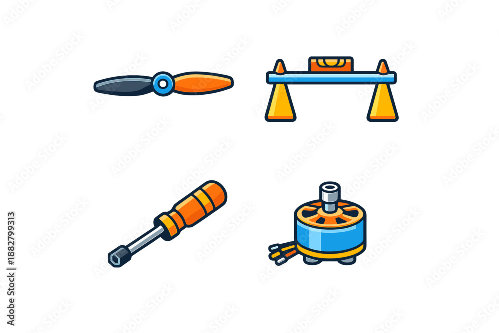 Fototapeta premium Drone parts and tools icon set
