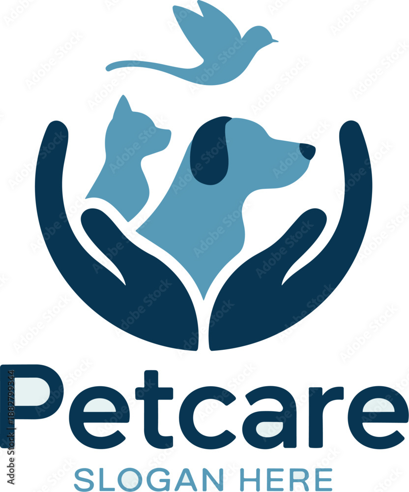 Obraz premium Elegant pet care logo design featuring a dog cat and bird held in caring hands professional animal clinic veterinary services emblem for pet adoption charity or animal shelter modern brand identity gr