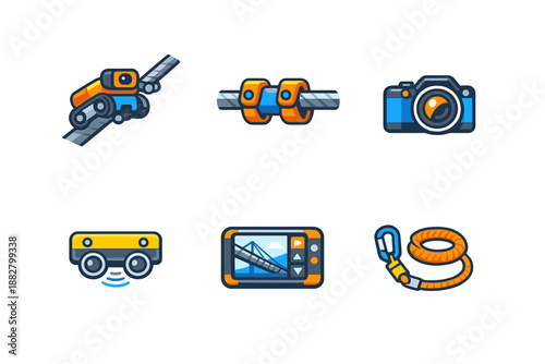 Set of 6 cartoon icons with technological and safety equipment