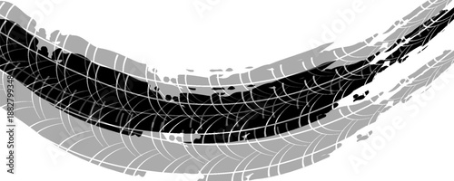 Tire track. Tyre mark of car, bike, motorcycle with grunge effect on white background. Wheel footprint, road element, dirty rubber protector pattern. Realistic vector illustration.