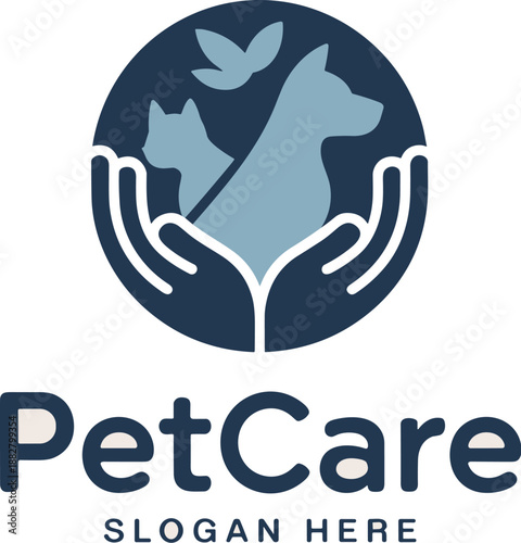 Modern pet care logo design featuring dog cat and bird in protective hands vector illustration for veterinary clinic animal hospital or grooming service company branding identity symbol for animal ado