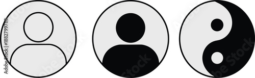 Minimalist line art person icon set representing user profile avatar and yin yang symbol for balance harmony in personal spiritual growth and wellness eastern philosophy meditation mindfulness website