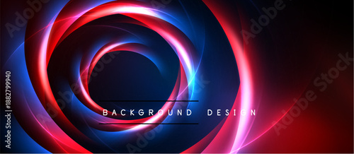 Abstract swirling lights create dynamic circular pattern. Red, blue hues dominate dark background. Text reads background design.