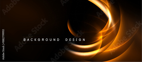 Dark background features swirling golden lines. Elegant design evokes motion, energy, sophistication. Text reads background design.