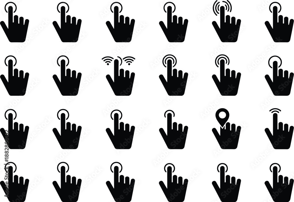 Fototapeta premium Collection of black hand cursor icons pressing or pointing on virtual interface screen for website ui design element user experience interactive technology symbol vector illustration set for digital m