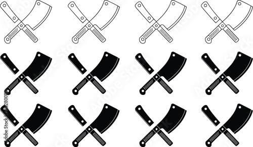 Butcher Cleavers Crossed Meat Cutting Knife Vector Icon Set Illustration Black and White Outline Silhouette Style for Steakhouse Restaurant Menu Designs Food Preparation Culinary Arts Graphics and But