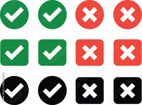 Green check mark and red cross icons for approval or rejection in vector format symbolizing decision making process and feedback for business presentations and user interface design for website or app