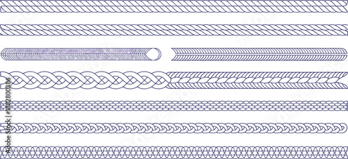 Collection of line art rope border braid elements for graphic design projects decorative nautical rope borders marine rope vector set seamless pattern vector illustration for creative projects and des