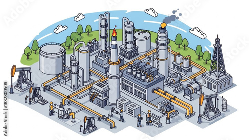 Industrial Factory Complex with Smokestacks and Pipelines.