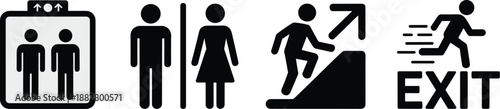 Elevator Toilet Stairs and Exit Pictograms Set Vector Illustration Showing People Using Lift Facilities Restroom Climbing Steps and Emergency Evacuation Running Sign for Safety Guidance in Public Buil