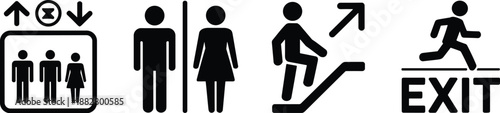 Simple black public information pictograms showing elevator gender neutral restroom escalator and emergency exit symbols for wayfinding signage in buildings and transportation hubs for accessibility s