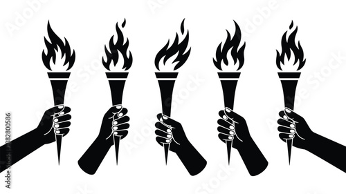 Black silhouette of hand holding flaming torch vector illustration for strength power leadership competition achievement concept shining light in darkness hope inspiration emblem graphic design elemen
