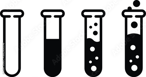 Laboratory glassware test tubes set with liquid solution undergoing chemical reactions in modern research lab experiment black outline illustration for scientific studies chemistry biology medical pre