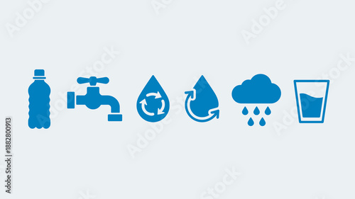 Illustrative water conservation cycle showing plastic bottle tap water drop recycling cloud rain and glass of water icons for environmental sustainability projects and awareness campaigns about respon