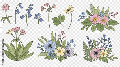 Collection of Delicate Watercolor Floral Arrangements and Elements.