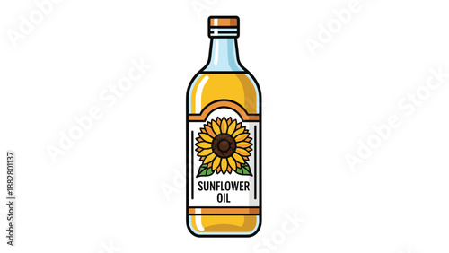 A vibrant and illustrative bottle of sunflower oil, prominently featuring a cheerful sunflower design on its label, indicating its natural and healthy origins.
