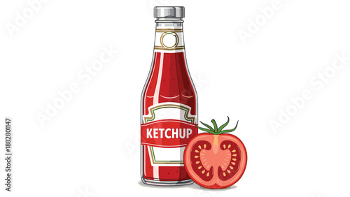 A classic glass bottle of vibrant red ketchup stands alongside a freshly sliced ripe tomato, highlighting the natural origin of this popular condiment.