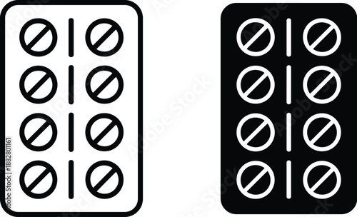 Minimalist black and white blister pack of pills medication capsules vitamins dietary supplements medicine healthcare remedy pharmaceutical product illustration for medical infographic presentation di