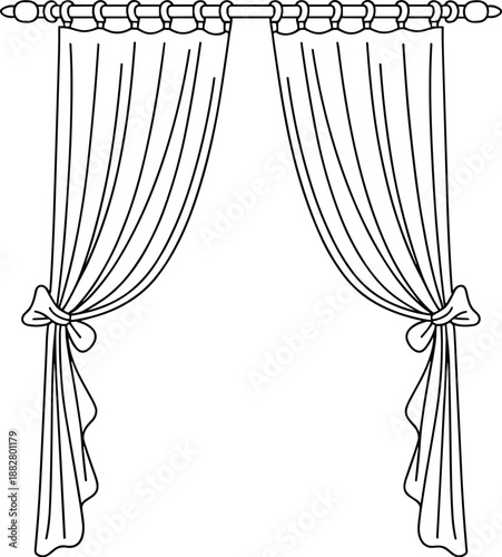 Elegant window curtains illustration hanging symmetrically with tiebacks simple line drawing for interior design projects minimalist home decor advertising visual merchandising textile design presenta