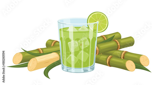 Refreshing glass of freshly squeezed sugarcane juice with ice and a lime wedge, beautifully surrounded by raw sugarcane stalks and leaves, evoking natural sweetness.