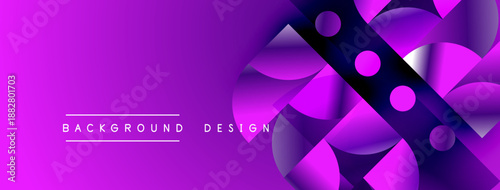 Abstract purple design features overlapping circles, squares. Gradient shades create dynamic visual effect. Modern background texture.