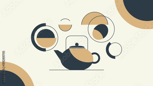 Abstract Tea Pot Illustration With Geometric Shapes And Beige And Navy Color Scheme