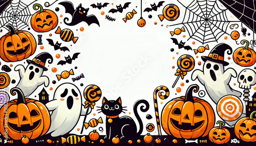 Cute Halloween Border with Pumpkins, Ghosts, Bats and Candy