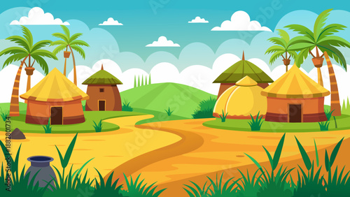 Village scene with traditional huts Vector