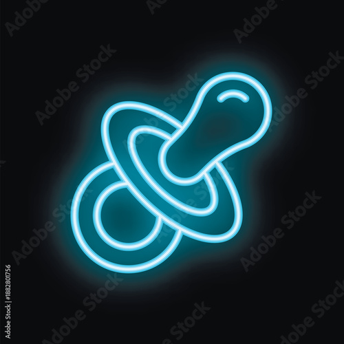 Blue neon sign depicting a baby pacifier, glowing brightly against a dark background