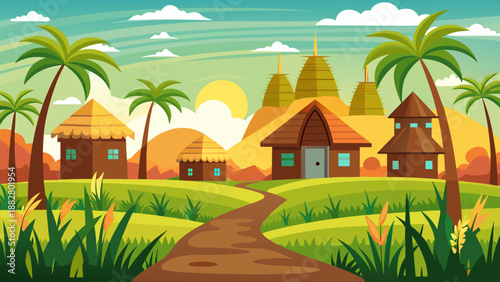 Village life in tropical landscape Vector