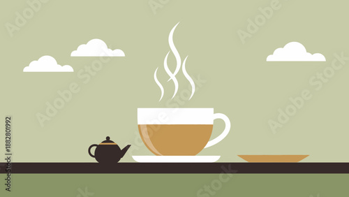 Aesthetic Afternoon Beverage Depiction Featuring Tea Cup Teapot and Sky Backdrop