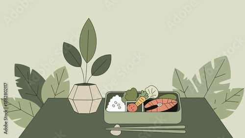 Aesthetic Illustration Of Japanese Bento Box With Plant, Design, And Arrangement