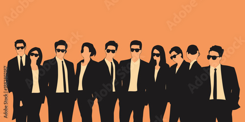 Group of diverse business people wearing black suits and sunglasses standing together in confident professional teamwork concept on orange background vector illustration