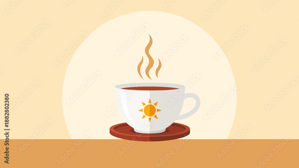 Obraz premium Aesthetic Vector Depiction Of Steaming Beverage With Sun Symbol On A White Cup