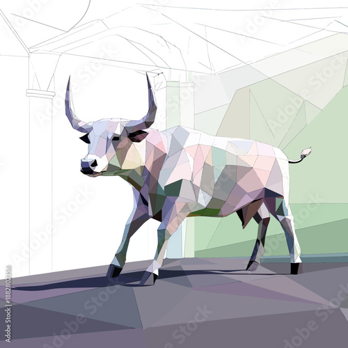 Low poly geometric bull standing indoors with minimalist polygonal style and pastel color shades in abstract environment vector illustration