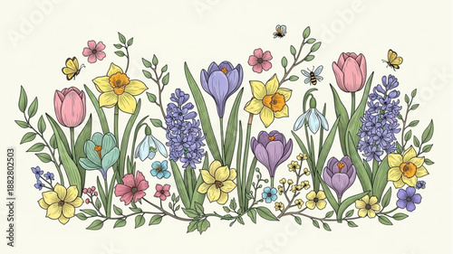 Spring Flowers Garden Botanical Illustration.