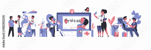 Healthcare professionals examining medical records administering vaccination patients online doctor consultation digital health monitoring flat vector illustration