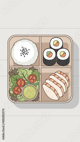 Artistic Presentation of a Balanced Meal: Rice, Sushi, Salad, and Sliced Chicken on a Tray