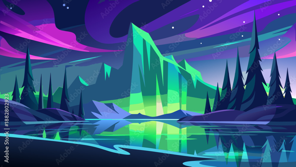 Obraz premium Luminous mountain under northern lights Vector