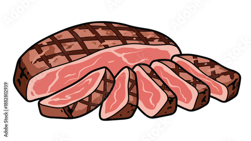 Deliciously illustrated grilled beef steak, perfectly sliced to reveal its tender pink center and distinct char marks, creating a mouthwatering