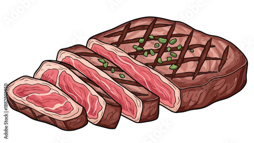 Succulent grilled steak, skillfully carved into portions, highlighting juicy texture and savory seasoning