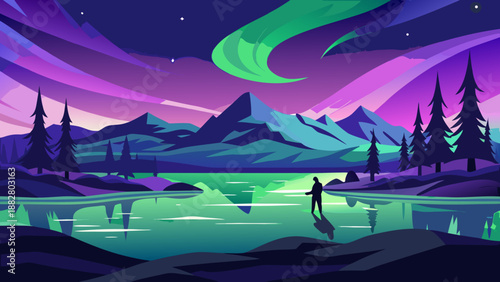 Nighttime mountain landscape with aurora Vector