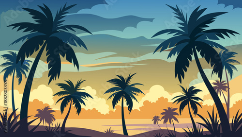 Tropical sunset over palm trees Vector