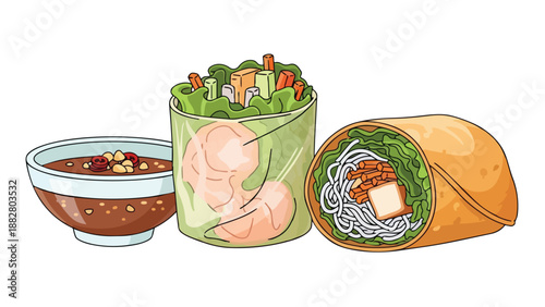 A delightful selection of vibrant Asian appetizers featuring fresh shrimp spring rolls, savory fried rolls, and a rich peanut dipping sauce,