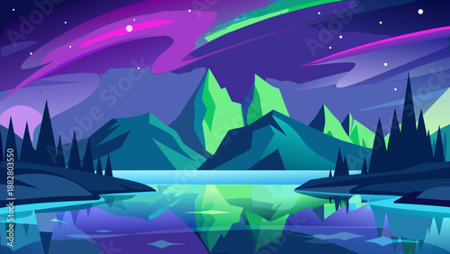Northern lights over mountain lake Vector