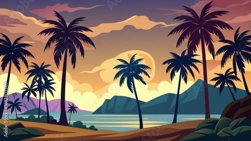 Tropical sunset over calm waters Vector