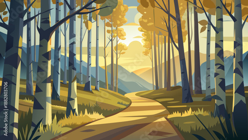 Serene forest path at sunset Vector